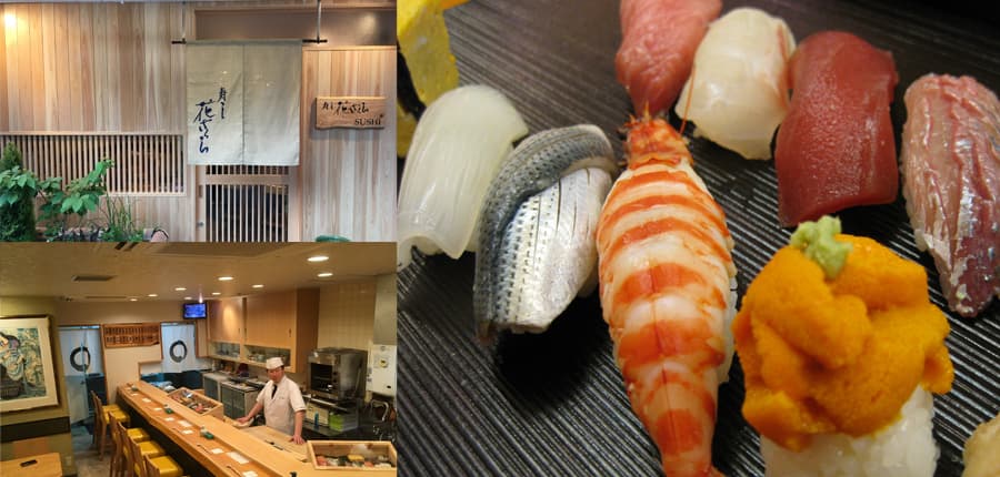 Sushi restaurant interior with counter seating and assorted raw fish and seafood