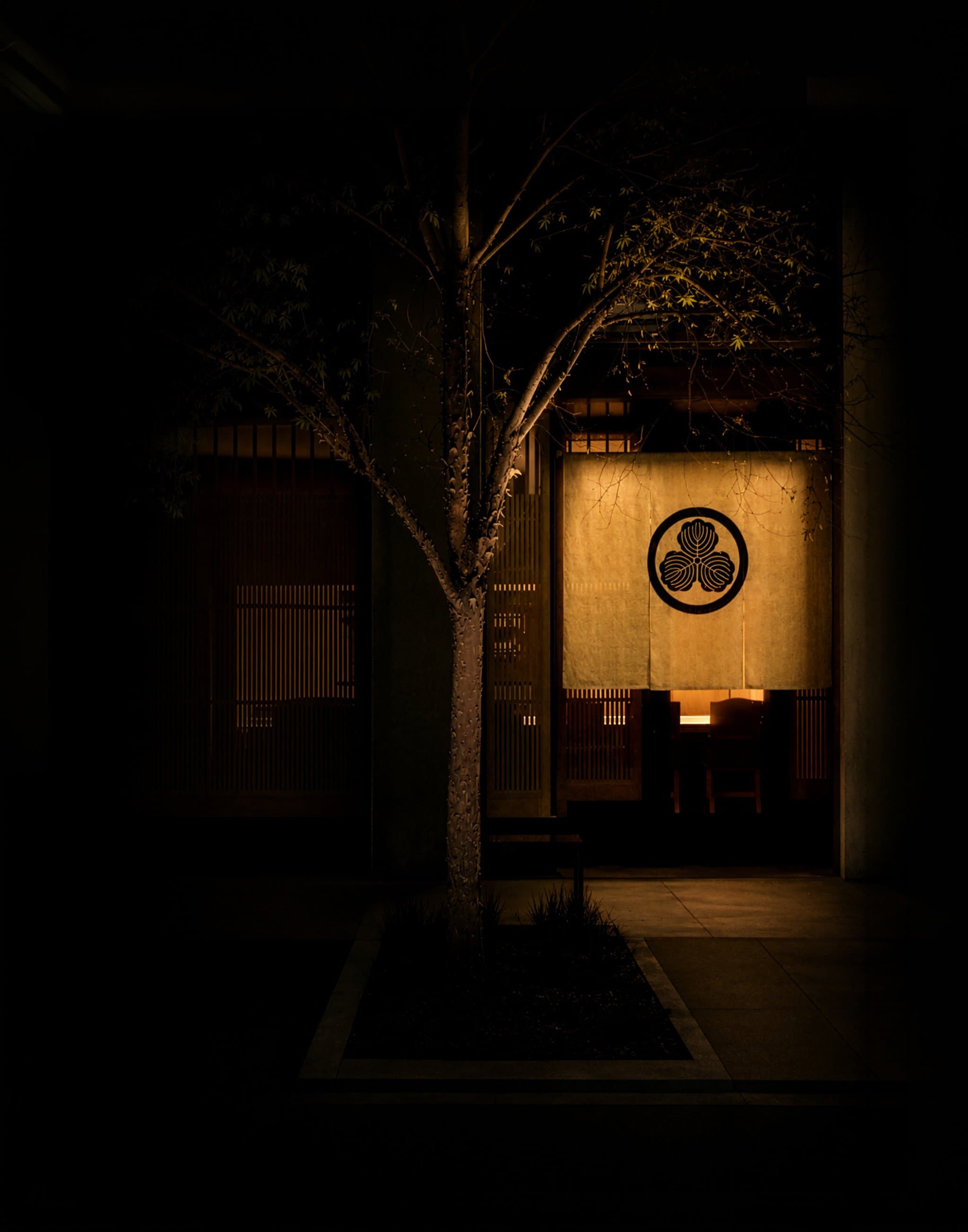 Nighttime exterior of Japanese spa with illuminated entrance, bare tree, and circular family crest logo