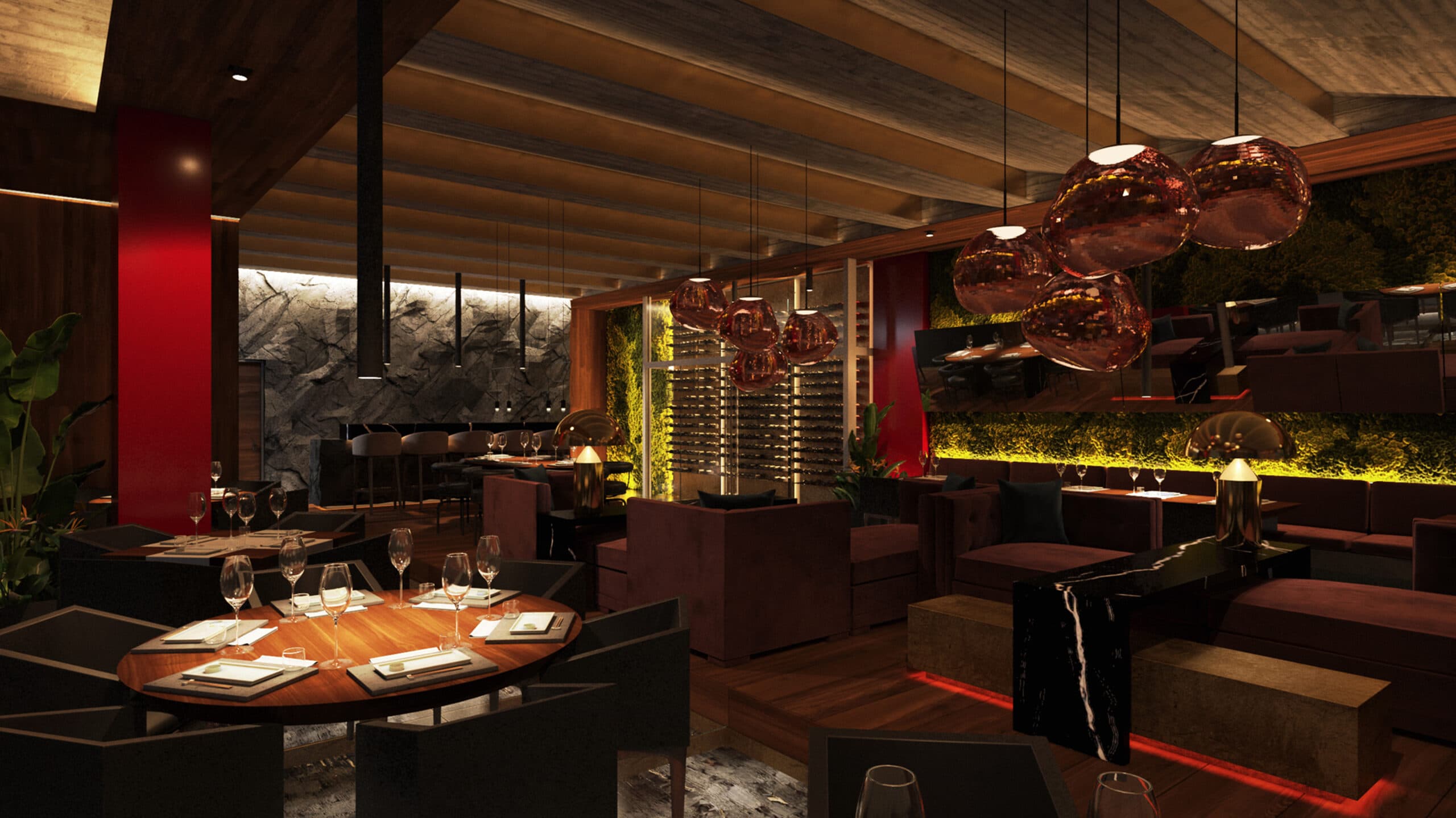 Elegant dining room with red accents, copper pendant lights, and modern wood furnishings